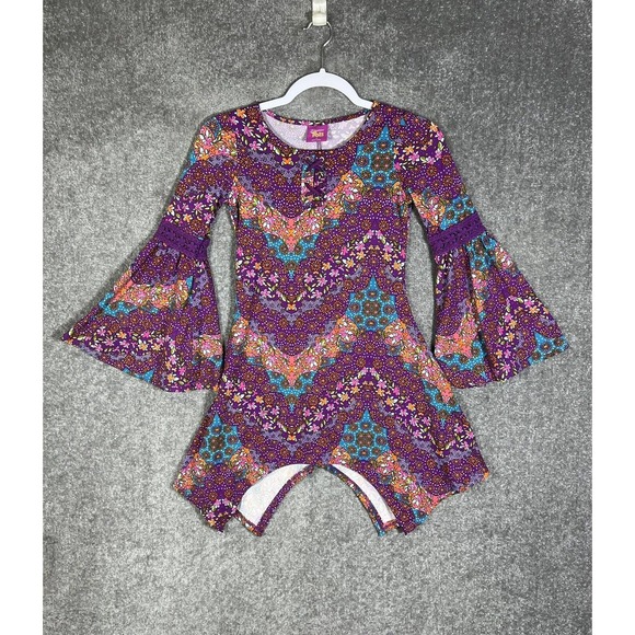 Dreamworks TROLLS Floral Crochet Sharkbite Hem Bell Sleeve Dress Girl Small Soft - Picture 1 of 10